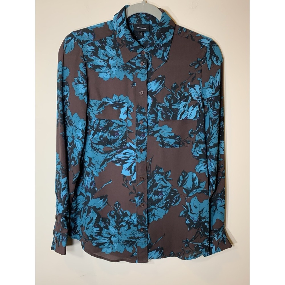 Who What Wear Blouse Womens Small Brown Blue‎ Large Scale Floral Chiffon